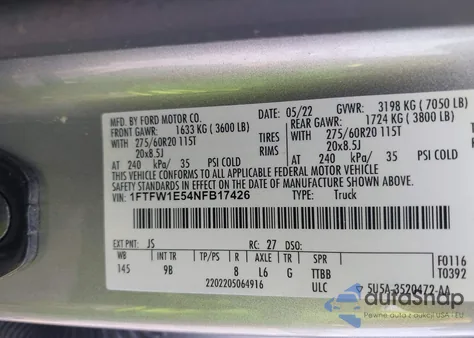 2022 Ford F-150 Platinum from USA, damaged, VIN 1FTFW1E54NFB17426